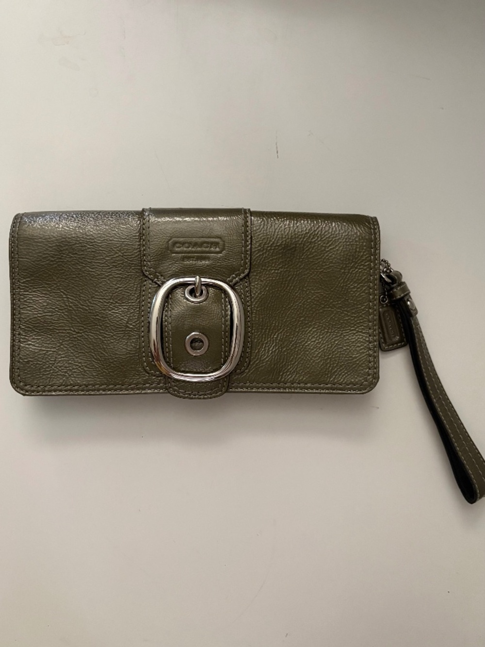Coach Buckled Olive Green Glazed Patent Leather Bleeker Flap Wristlet Clutch Bag